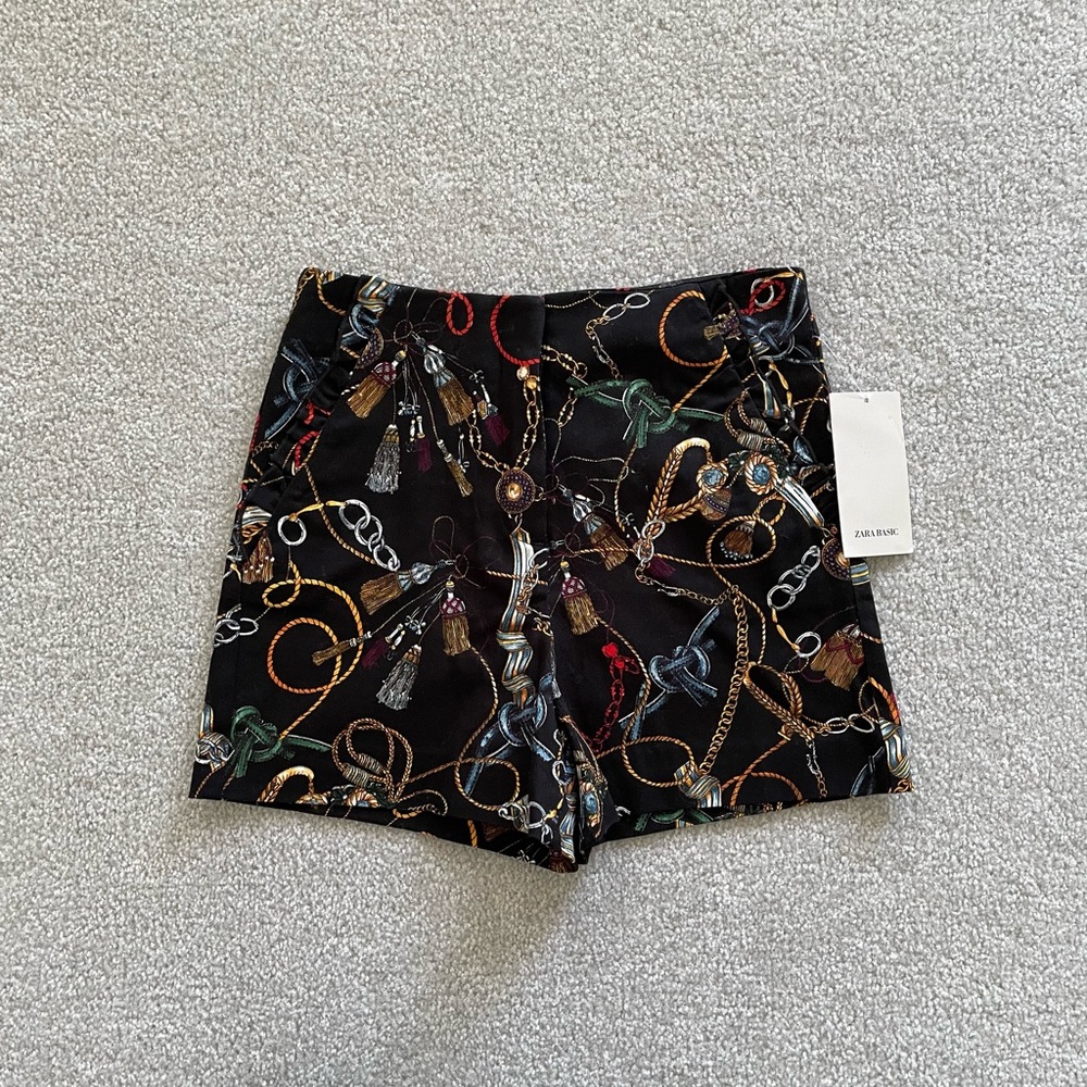ZARA Chain Print Ruffle Pocket High Waist Tailored Shorts Size XS